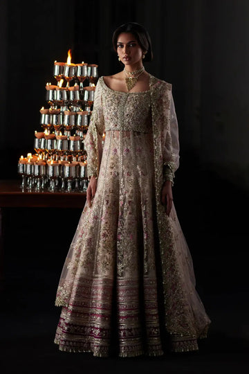 Rina nude pink embroidered net Pishwas by Saad Bin Shahzad with Jamawar lehenga and embroidered net dupatta