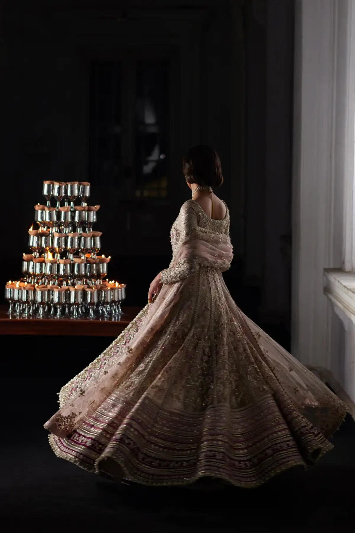 Rina nude pink embroidered net Pishwas by Saad Bin Shahzad with Jamawar lehenga and embroidered net dupatta
