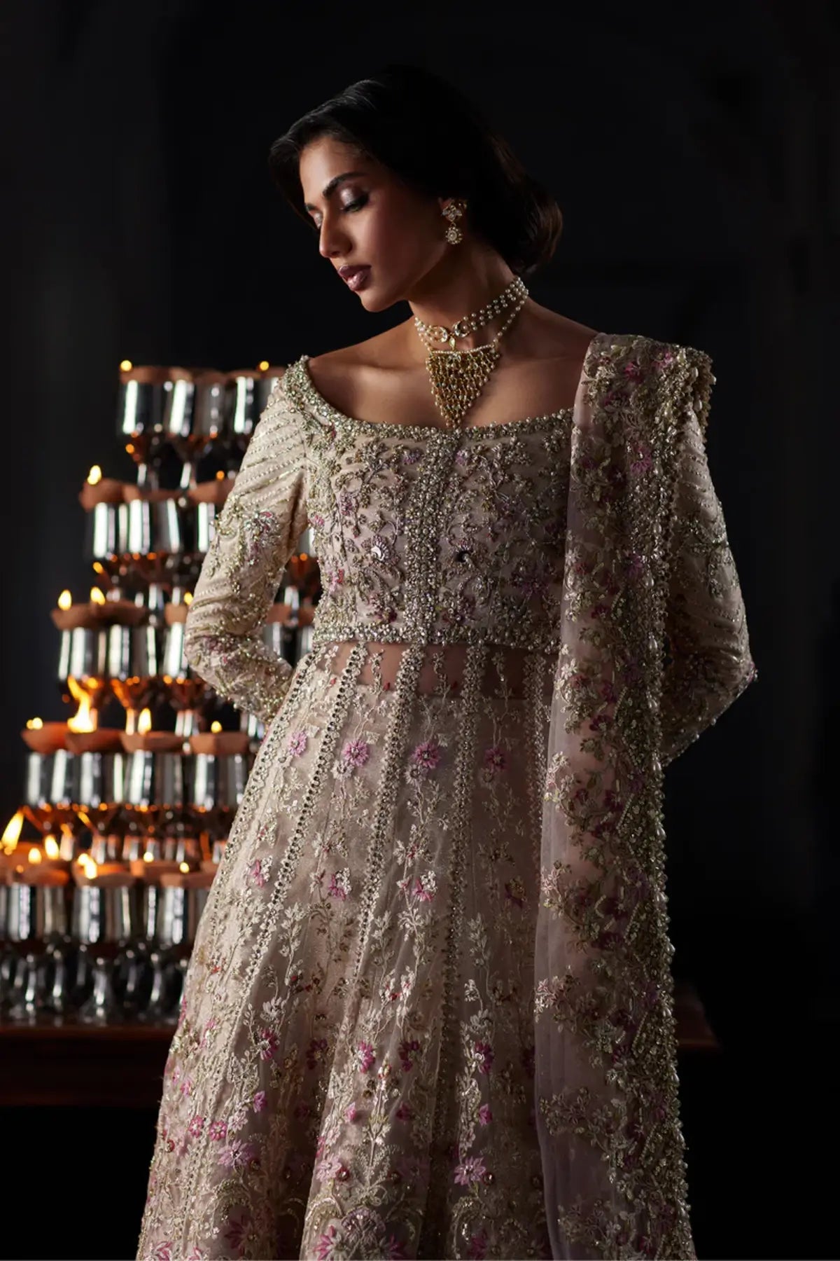 Rina nude pink embroidered net Pishwas by Saad Bin Shahzad with Jamawar lehenga and embroidered net dupatta