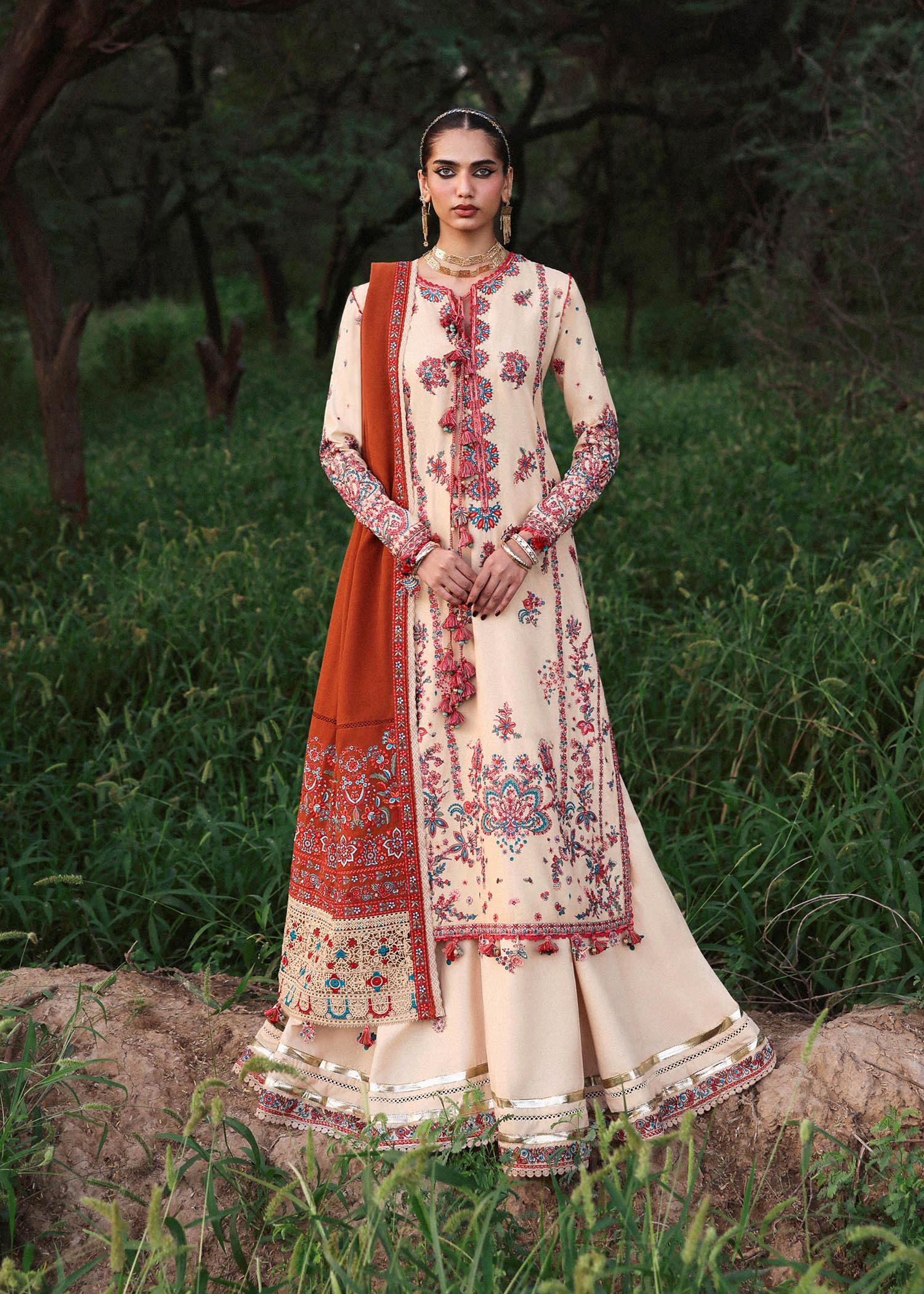 Riva Beige Karandi Suit with Rust Embroidered Shawl by Hussain Rehar | pakistanimoda.com