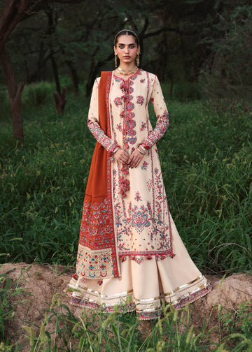 Riva Beige Karandi Suit with Rust Embroidered Shawl by Hussain Rehar | pakistanimoda.com