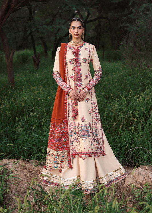 Riva Beige Karandi Suit with Rust Embroidered Shawl by Hussain Rehar | pakistanimoda.com