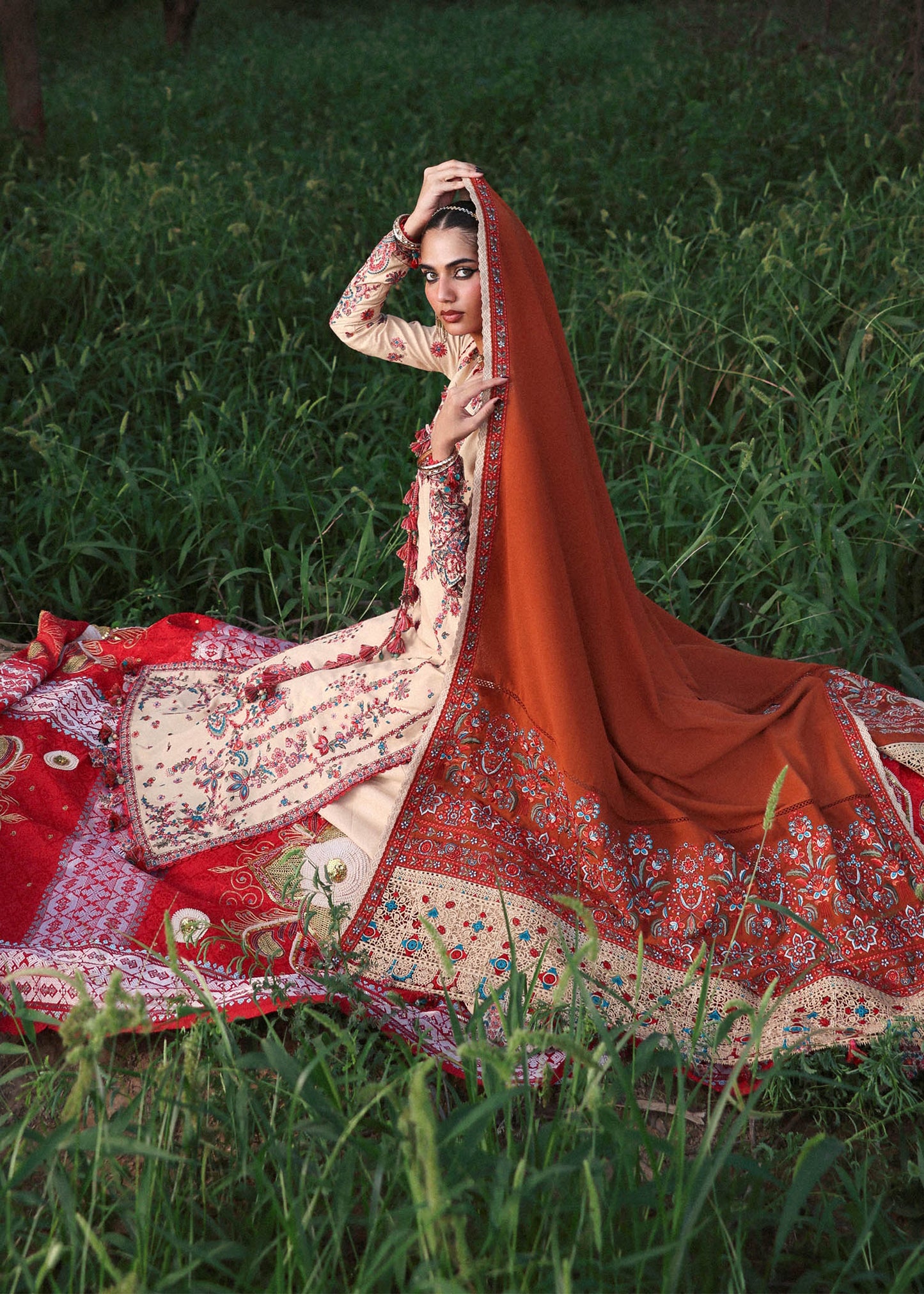 Riva Beige Karandi Suit with Rust Embroidered Shawl by Hussain Rehar | pakistanimoda.com