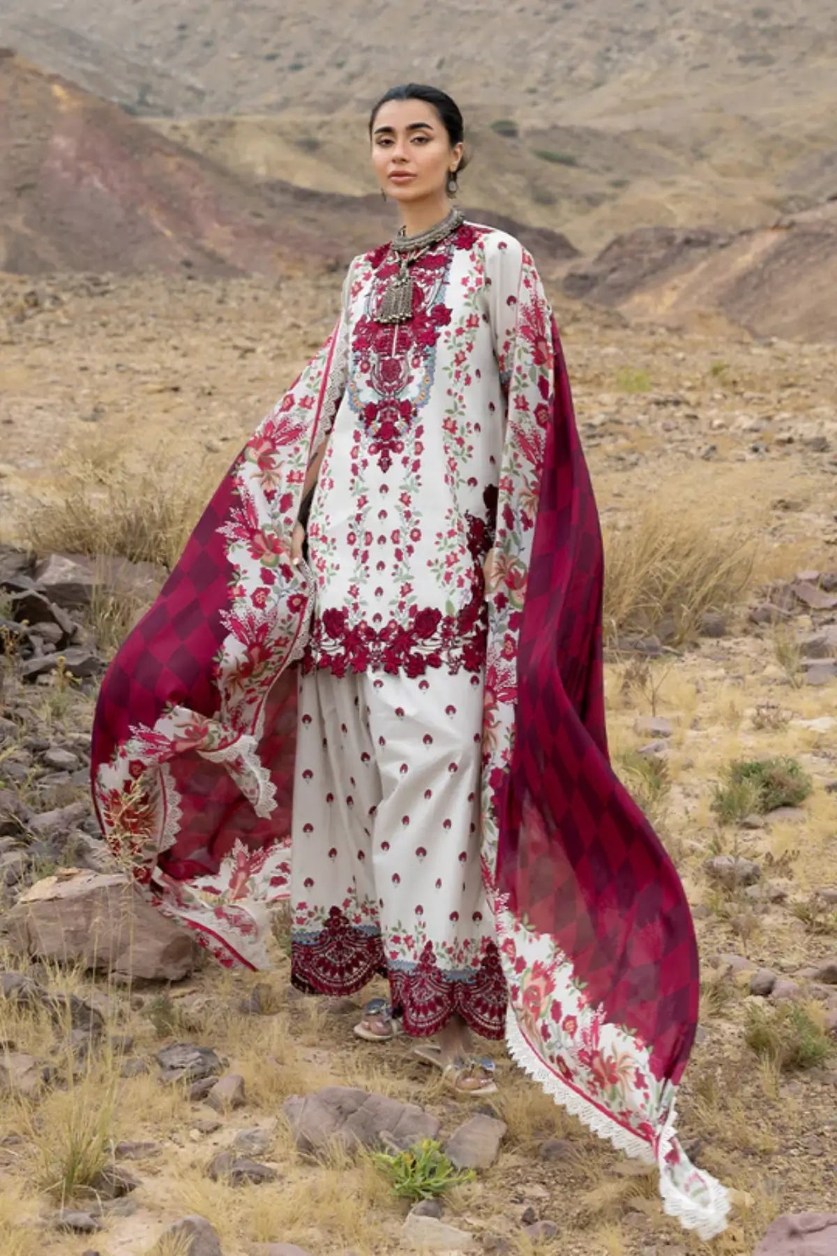 Ivory Zainab Chottani Rivya lawn 3PC stitched suit with red embroidery