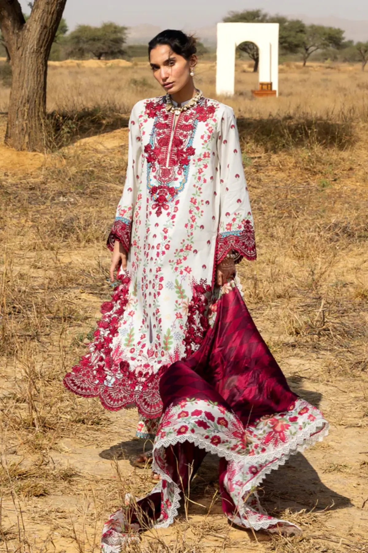Ivory Zainab Chottani Rivya lawn 3PC stitched suit with red embroidery