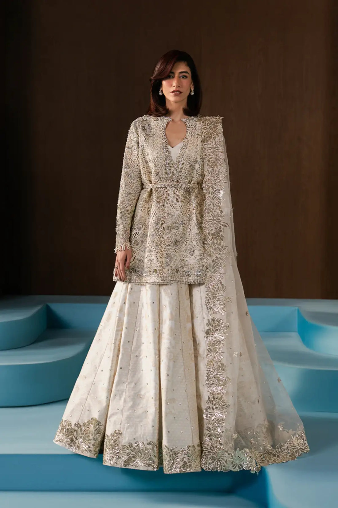 Rohave Afrozeh ivory stitched formal lehenga outfit with rawsilk shirt rawsilk lehenga and organza dupatta bridal shower look