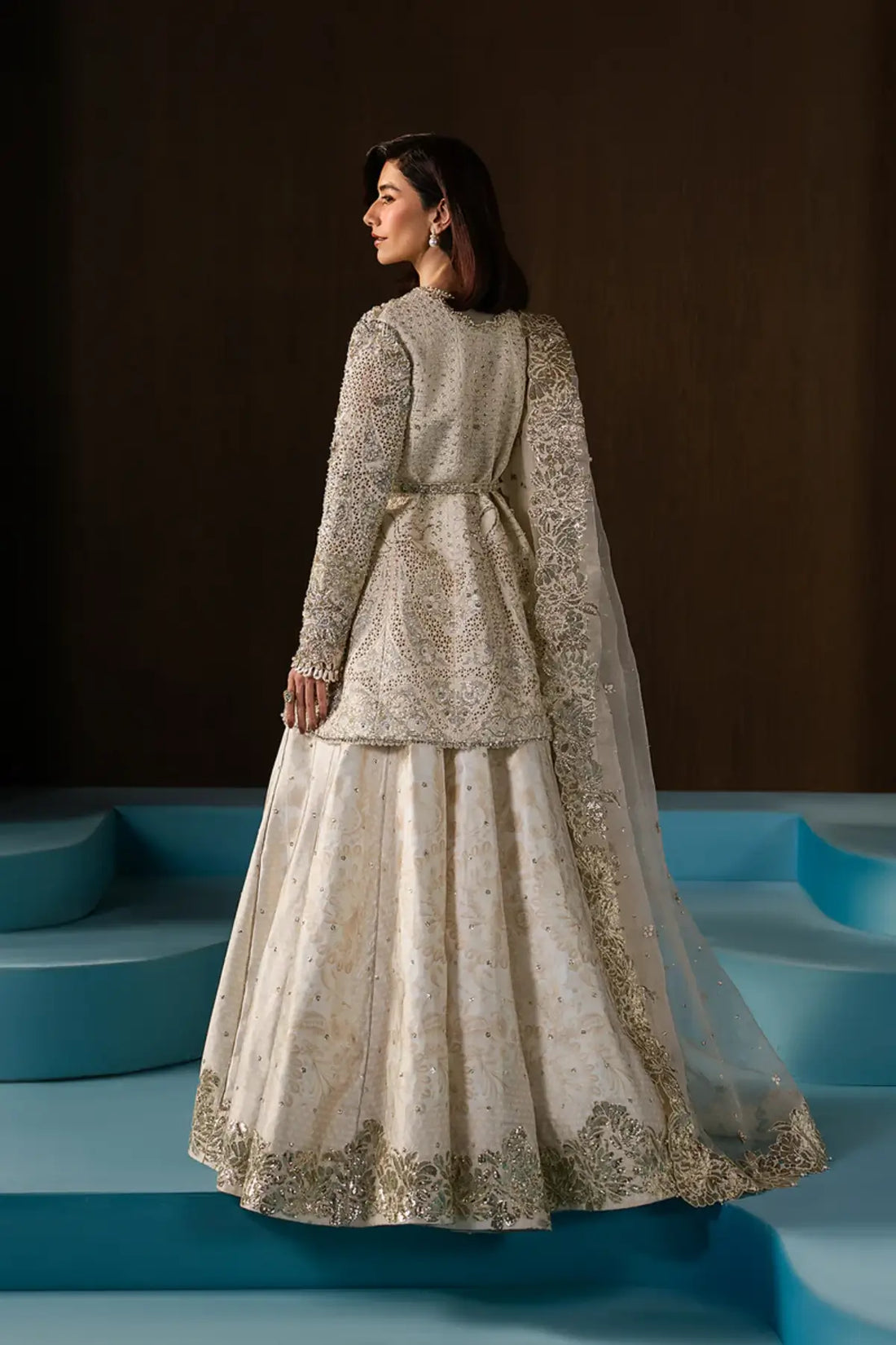 Rohave Afrozeh ivory stitched formal lehenga outfit with rawsilk shirt rawsilk lehenga and organza dupatta bridal shower look