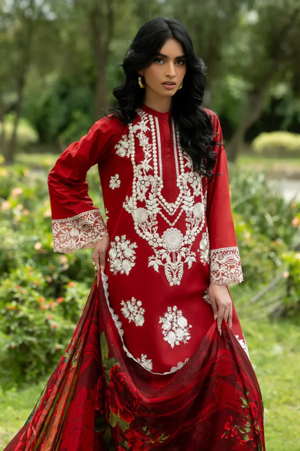 Rohe 05 crimson red stitched lawn 3PC suit with silk dupatta by Zainab Chottani Pakistanimoda
