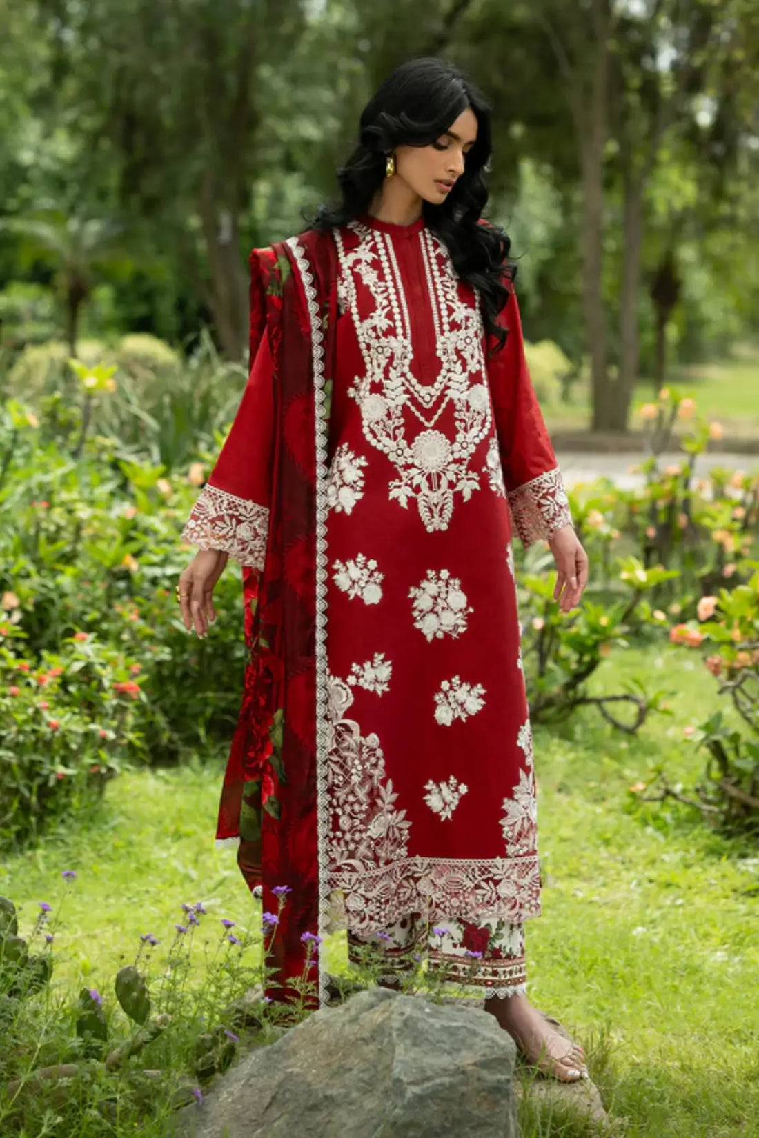 Rohe 05 crimson red stitched lawn 3PC suit with silk dupatta by Zainab Chottani Pakistanimoda