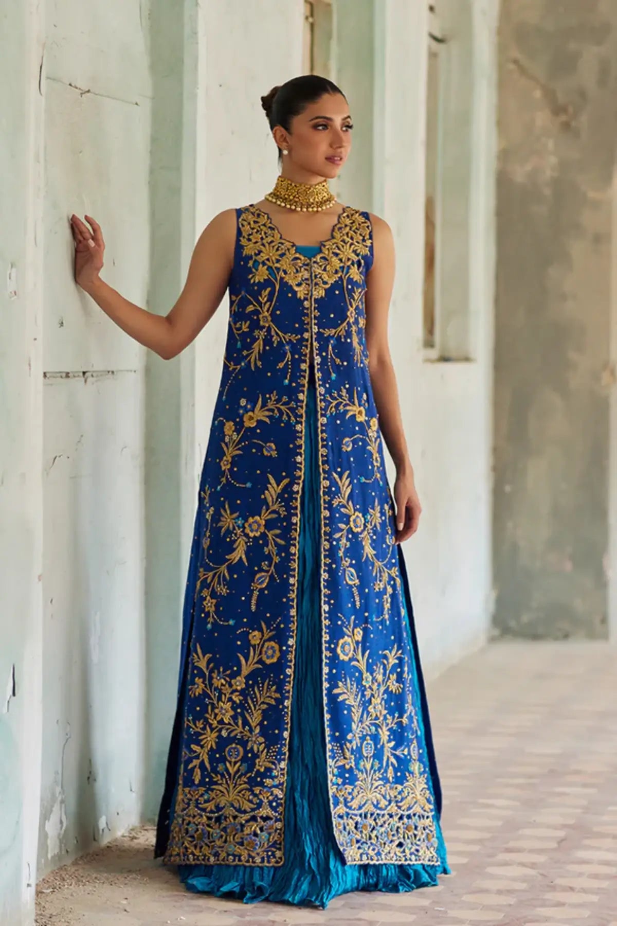 Rooha Royal Blue Khaddi Silk Front Open Jacket with Intricate Gold Embroidery, Cutwork Neckline and Medium Silk Crushed Lehenga