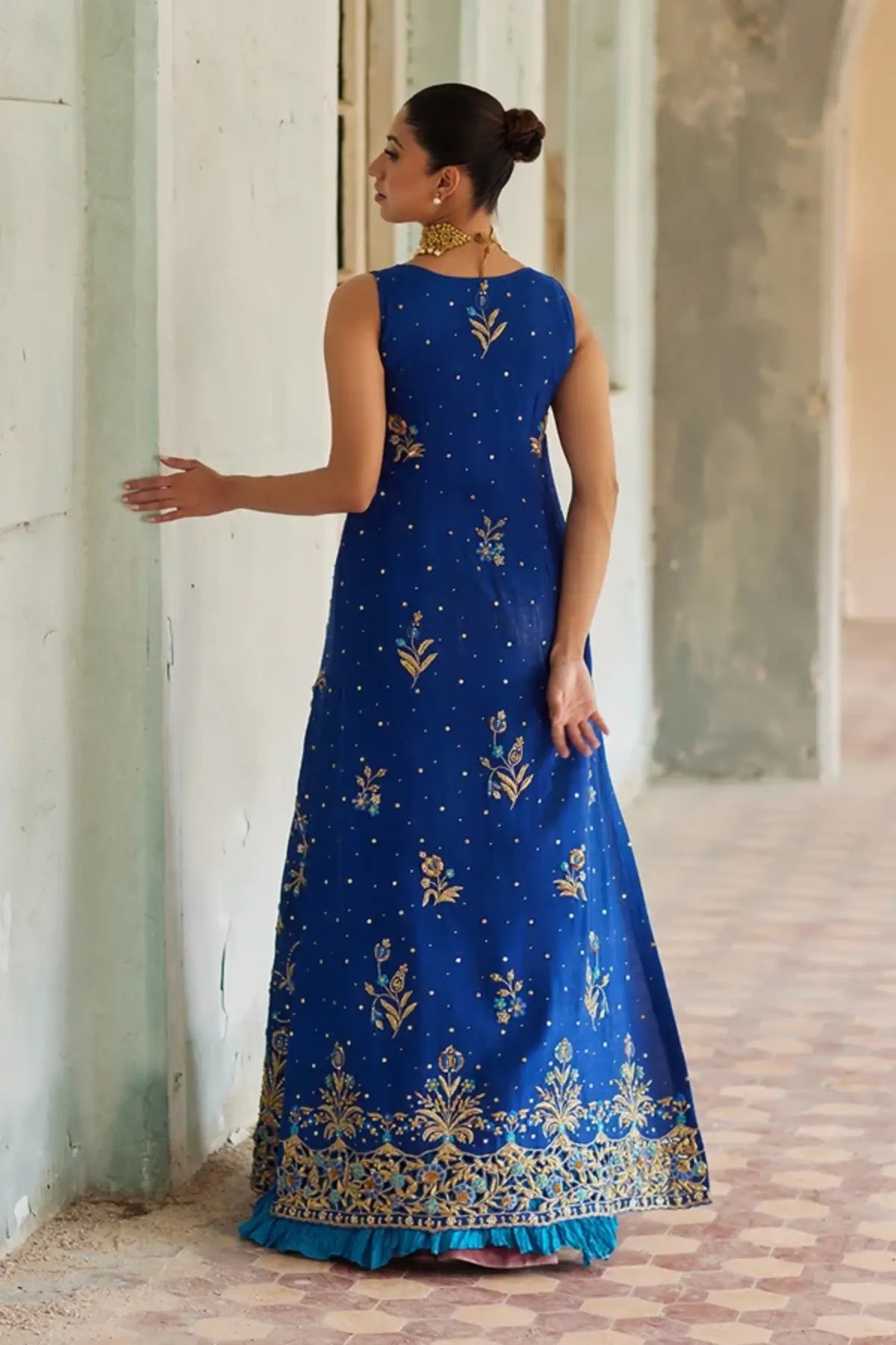 Rooha Royal Blue Khaddi Silk Front Open Jacket with Intricate Gold Embroidery, Cutwork Neckline and Medium Silk Crushed Lehenga