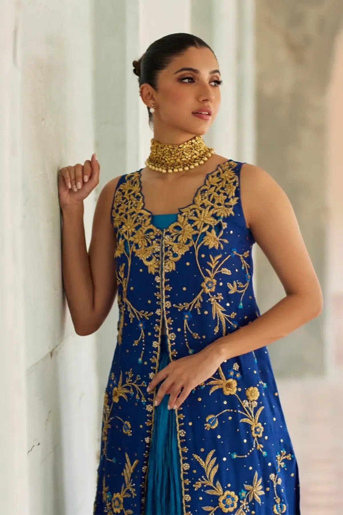 Rooha Royal Blue Khaddi Silk Front Open Jacket with Intricate Gold Embroidery, Cutwork Neckline and Medium Silk Crushed Lehenga