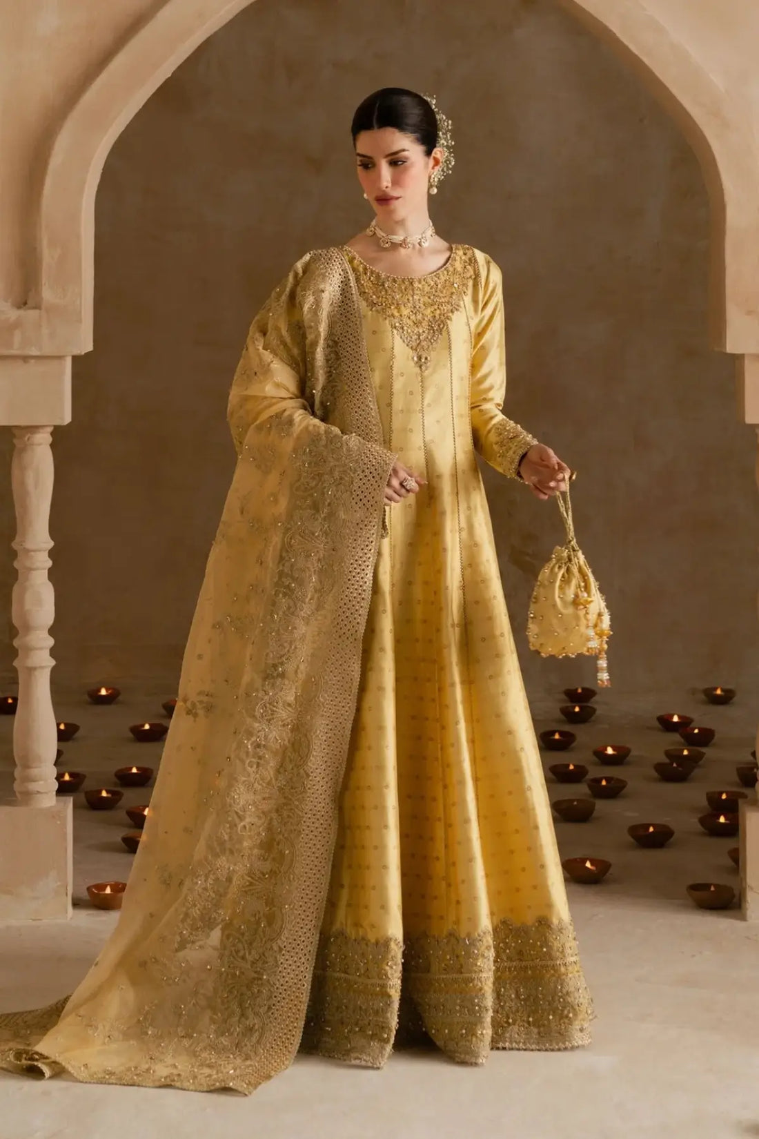 Roohi butter yellow tissue silk Peshwas set by Kanwal Malik with organza dupatta and embroidered churidar
