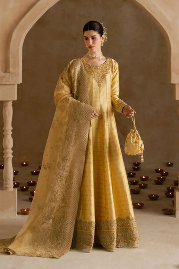 Roohi butter yellow tissue silk Peshwas set by Kanwal Malik with organza dupatta and embroidered churidar