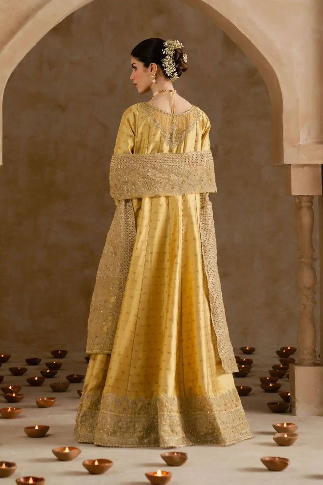 Roohi butter yellow tissue silk Peshwas set by Kanwal Malik with organza dupatta and embroidered churidar