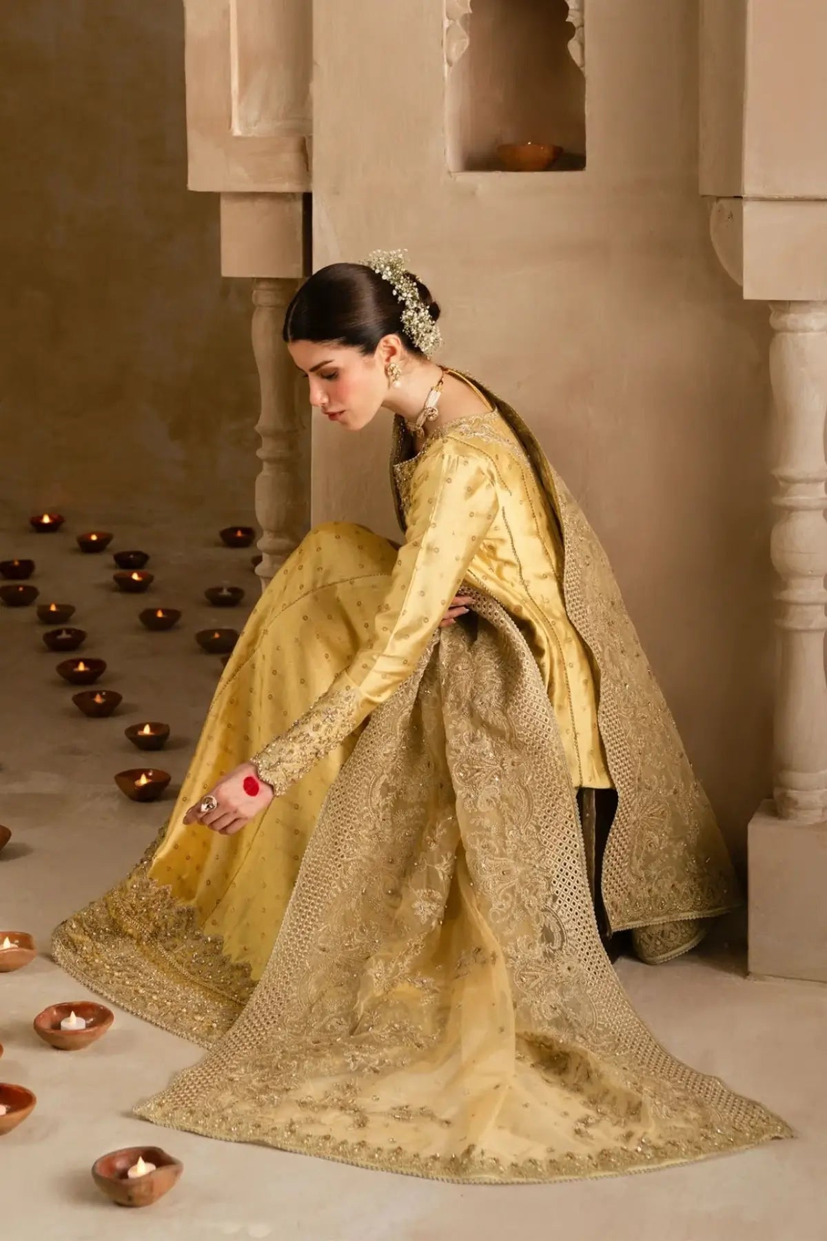 Roohi butter yellow tissue silk Peshwas set by Kanwal Malik with organza dupatta and embroidered churidar