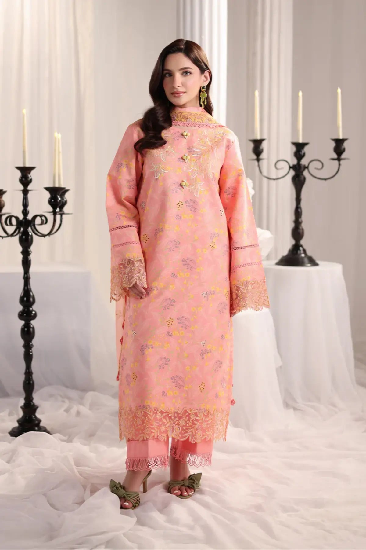 Rosalia Rang Rasiya Salmon printed lawn stitched 3PC suit with embroidered front, organza borders, textured dupatta and cotton trousers