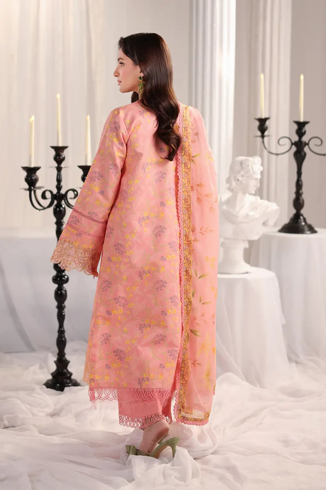Rosalia Rang Rasiya Salmon printed lawn stitched 3PC suit with embroidered front, organza borders, textured dupatta and cotton trousers