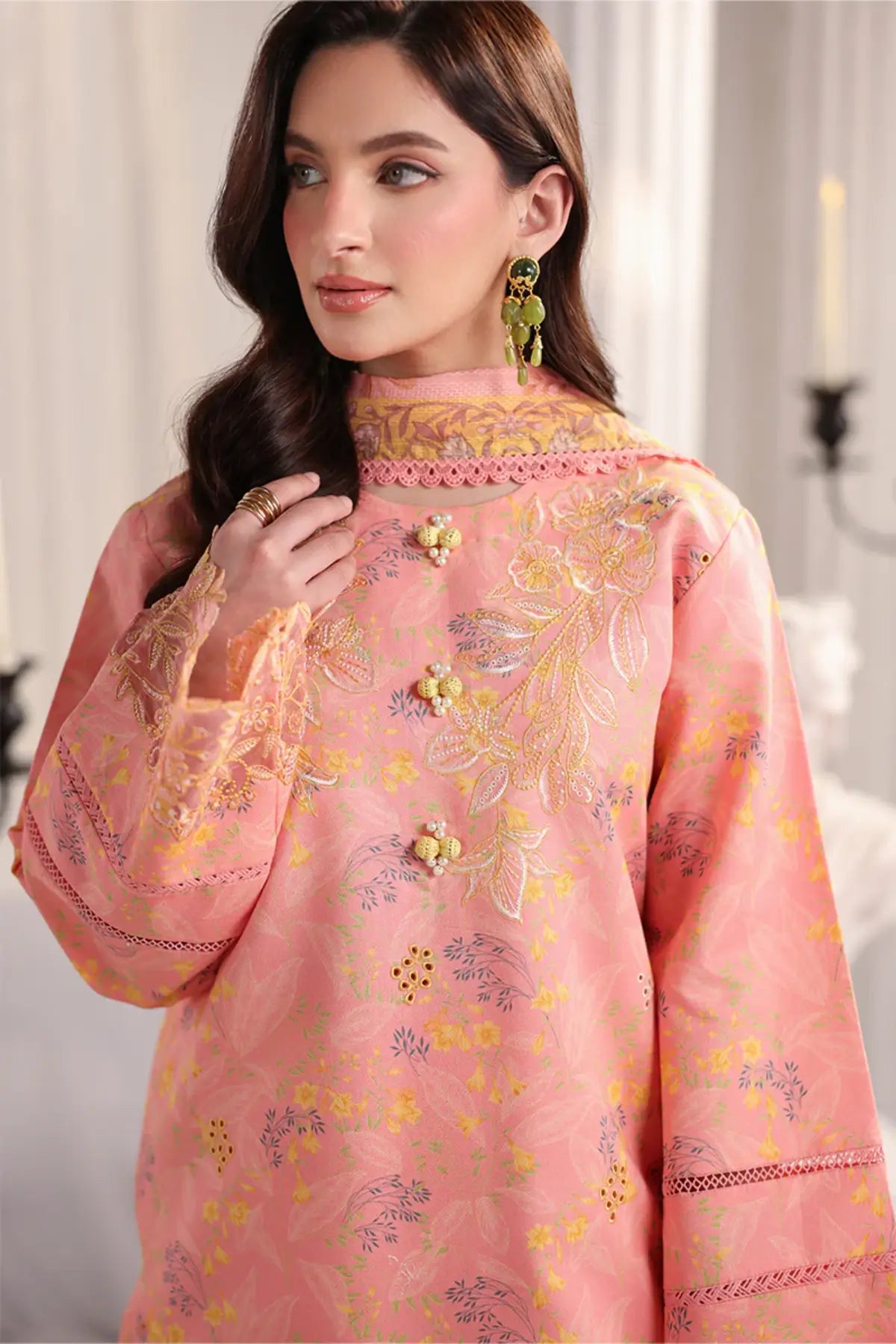 Rosalia Rang Rasiya Salmon printed lawn stitched 3PC suit with embroidered front, organza borders, textured dupatta and cotton trousers
