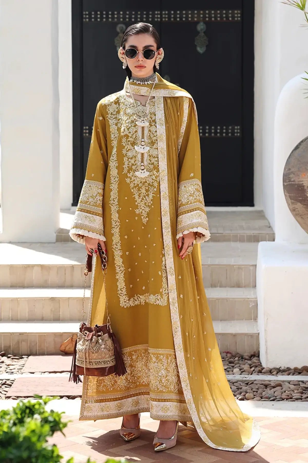 Rosalie Crown Nuvera yellow embroidered raw silk stitched suit with chiffon dupatta