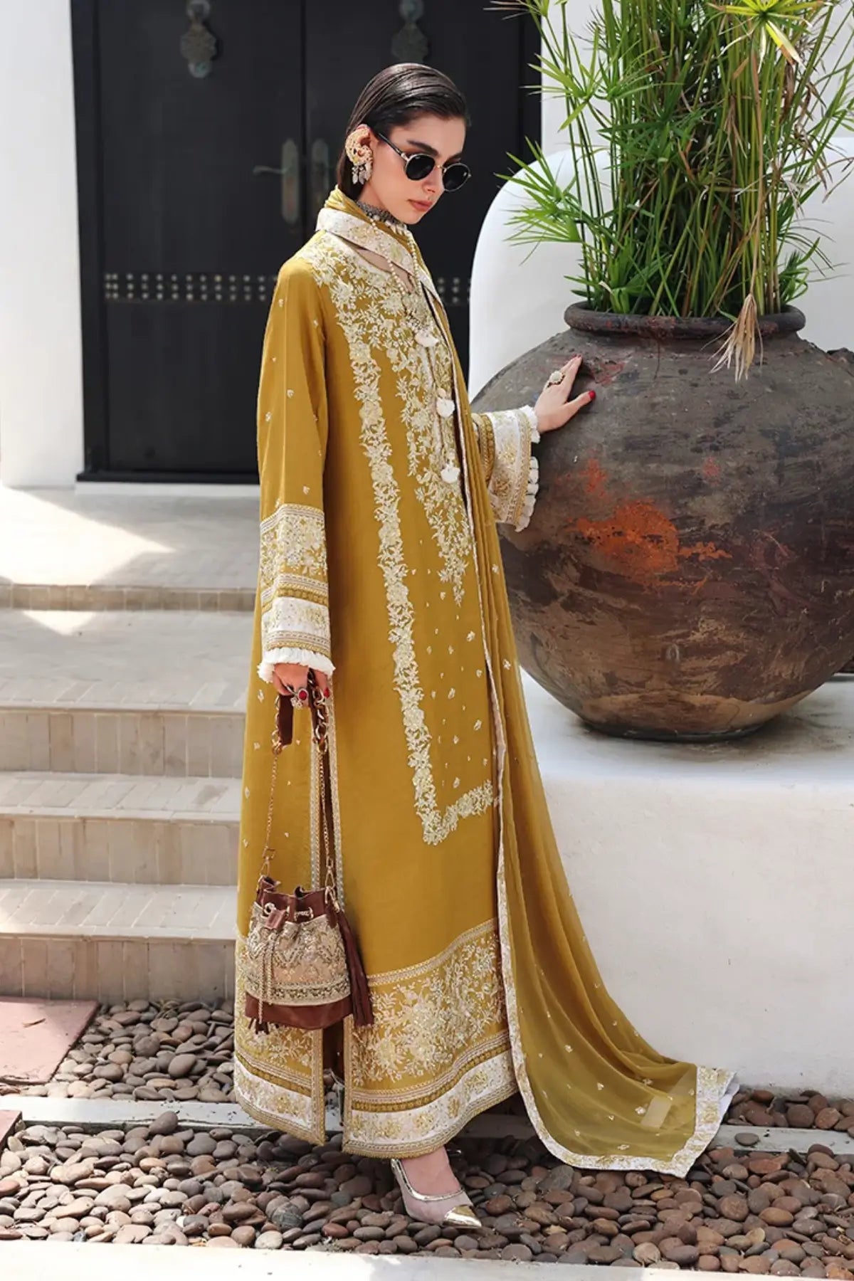Rosalie Crown Nuvera yellow embroidered raw silk stitched suit with chiffon dupatta