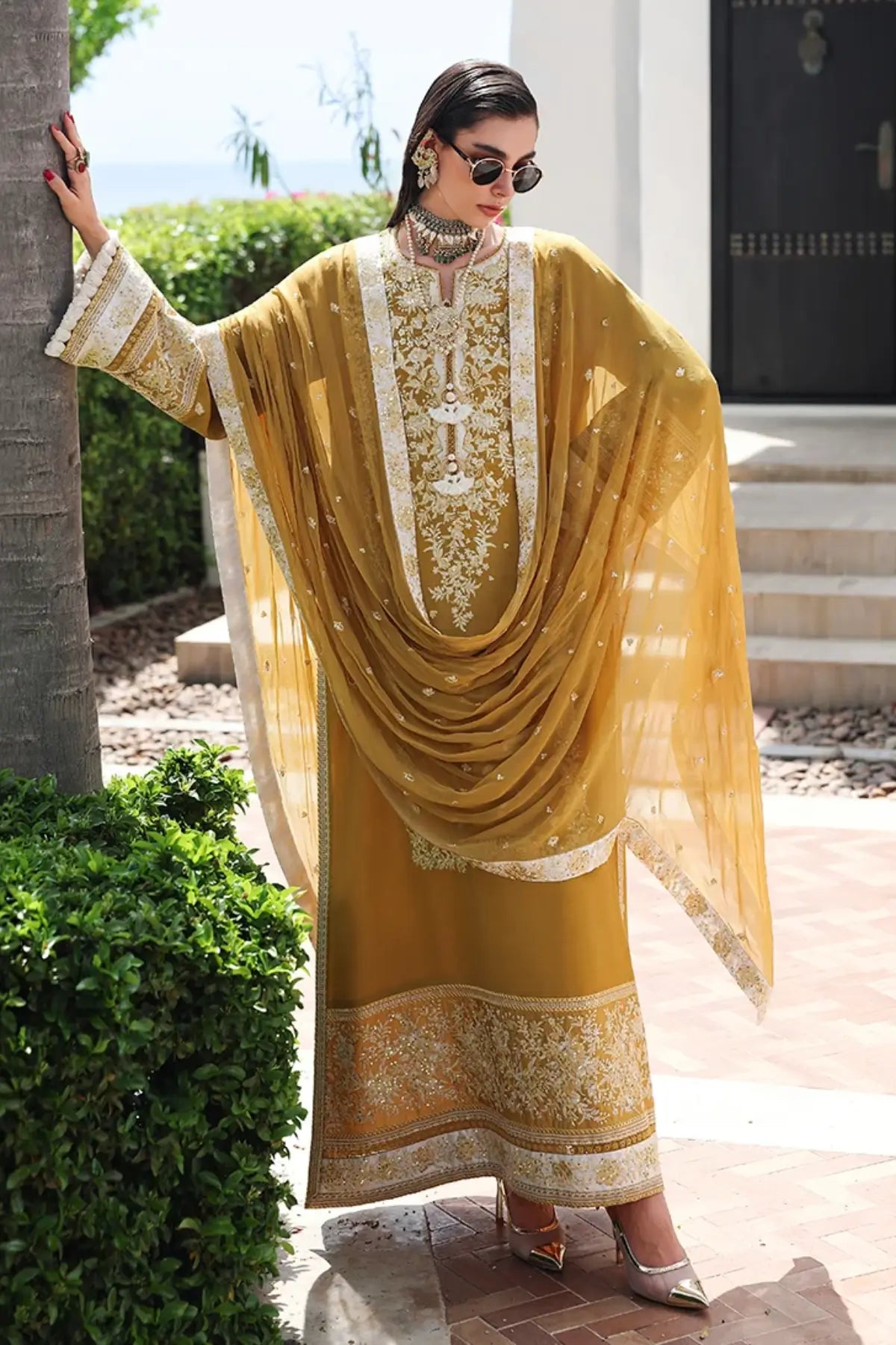 Rosalie Crown Nuvera yellow embroidered raw silk stitched suit with chiffon dupatta