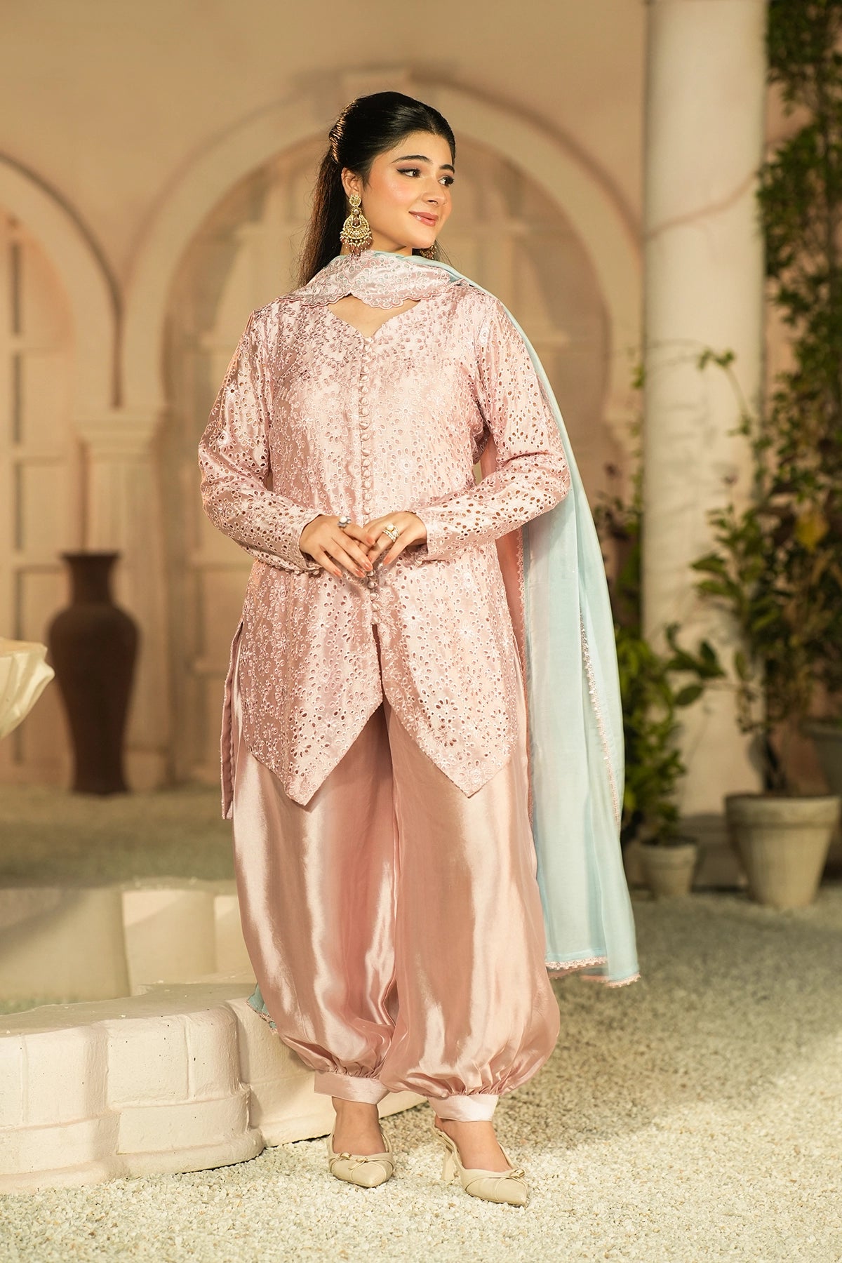 Rosalie Blush Pink Embroidered Sheesha Silk Formal 3PC Set with Overlap Front Shirt, Balloon Pants and Medium Silk Choker Dupatta by MariamRaj