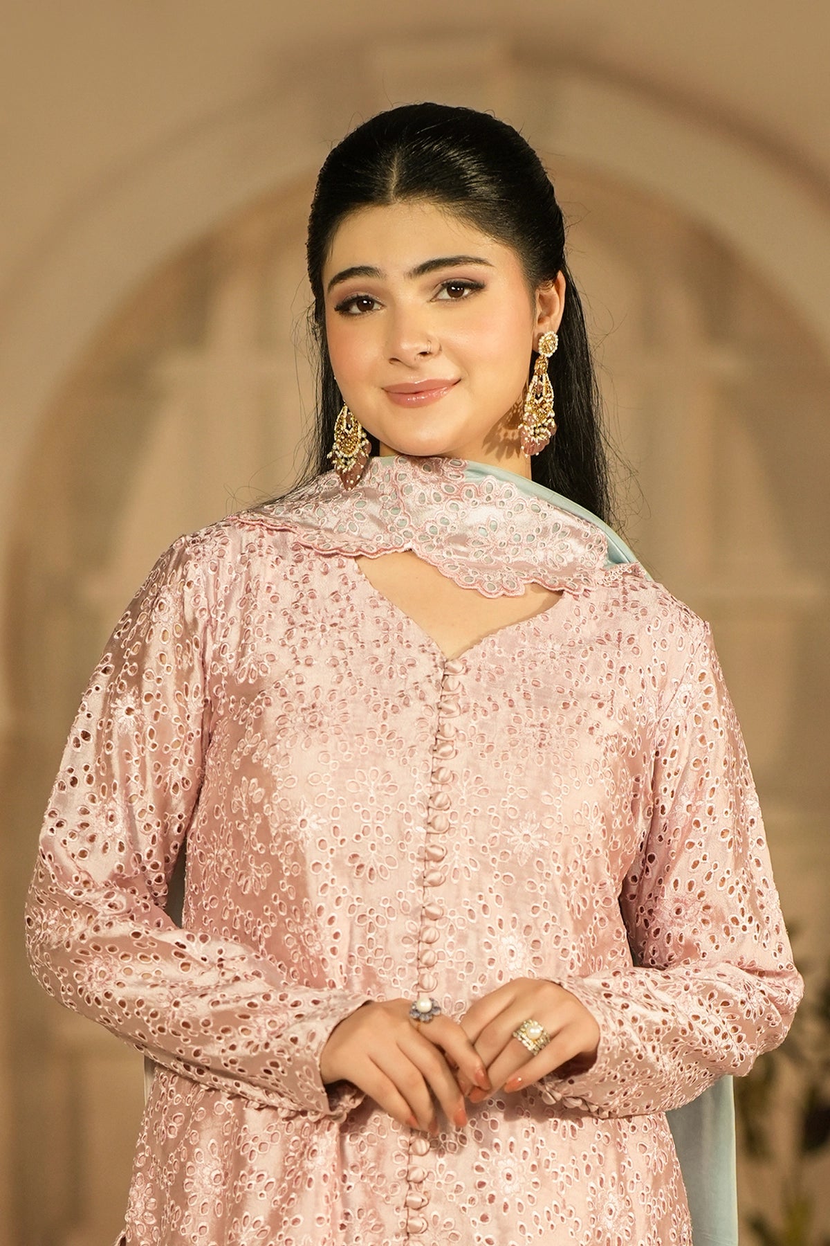 Rosalie Blush Pink Embroidered Sheesha Silk Formal 3PC Set with Overlap Front Shirt, Balloon Pants and Medium Silk Choker Dupatta by MariamRaj