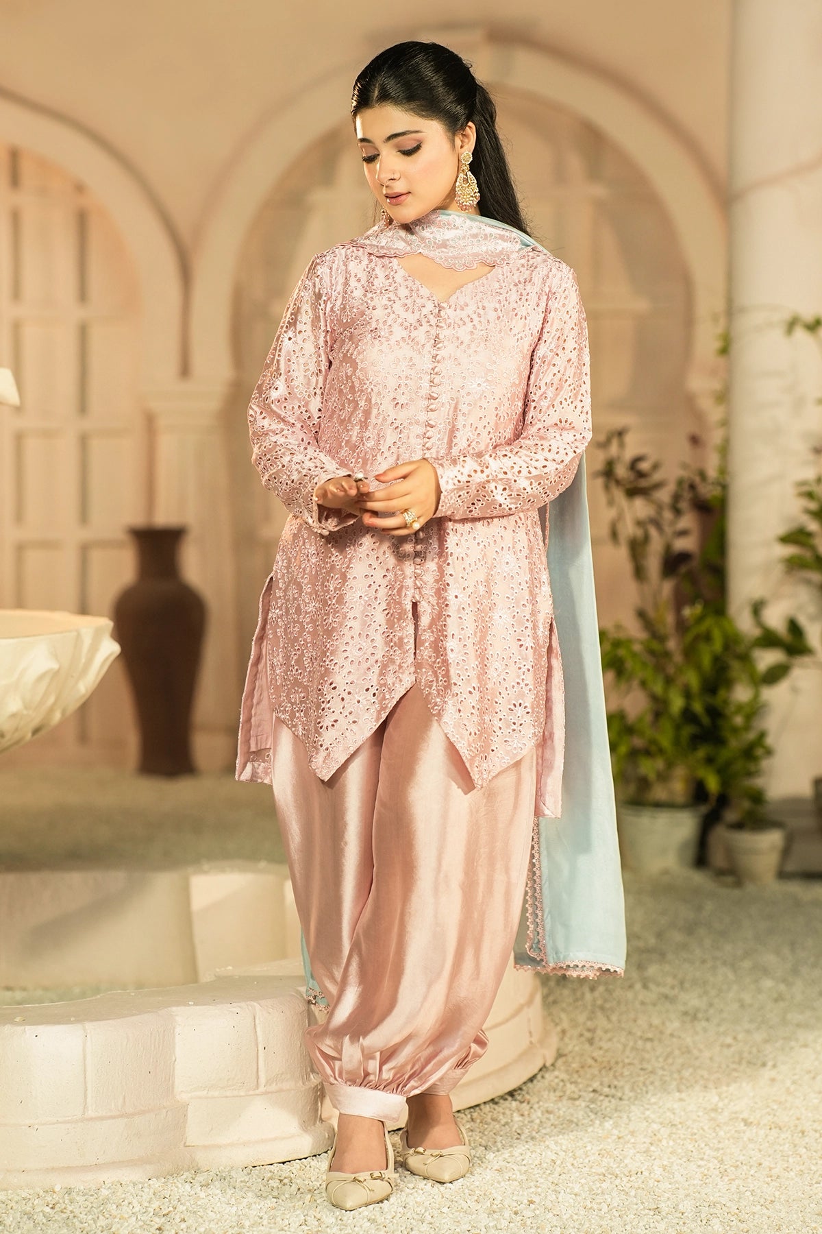 Rosalie Blush Pink Embroidered Sheesha Silk Formal 3PC Set with Overlap Front Shirt, Balloon Pants and Medium Silk Choker Dupatta by MariamRaj