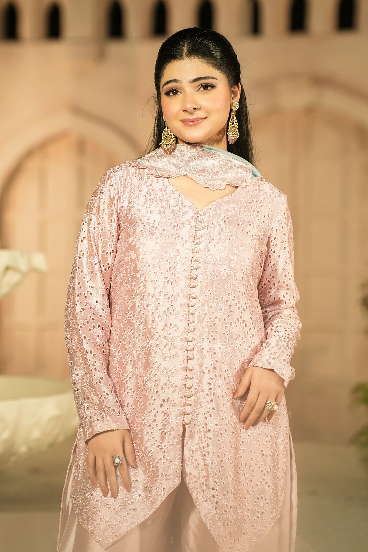 Rosalie Blush Pink Embroidered Sheesha Silk Formal 3PC Set with Overlap Front Shirt, Balloon Pants and Medium Silk Choker Dupatta by MariamRaj