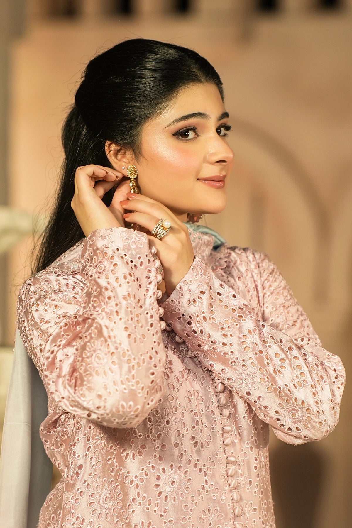 Rosalie Blush Pink Embroidered Sheesha Silk Formal 3PC Set with Overlap Front Shirt, Balloon Pants and Medium Silk Choker Dupatta by MariamRaj