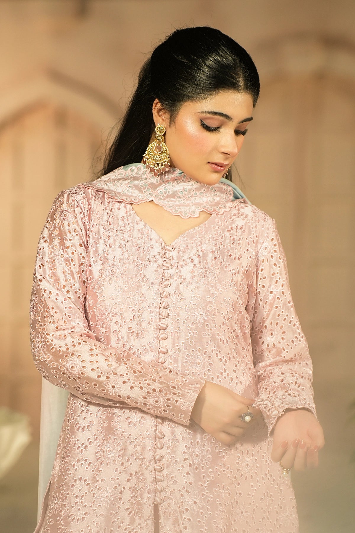 Rosalie Blush Pink Embroidered Sheesha Silk Formal 3PC Set with Overlap Front Shirt, Balloon Pants and Medium Silk Choker Dupatta by MariamRaj