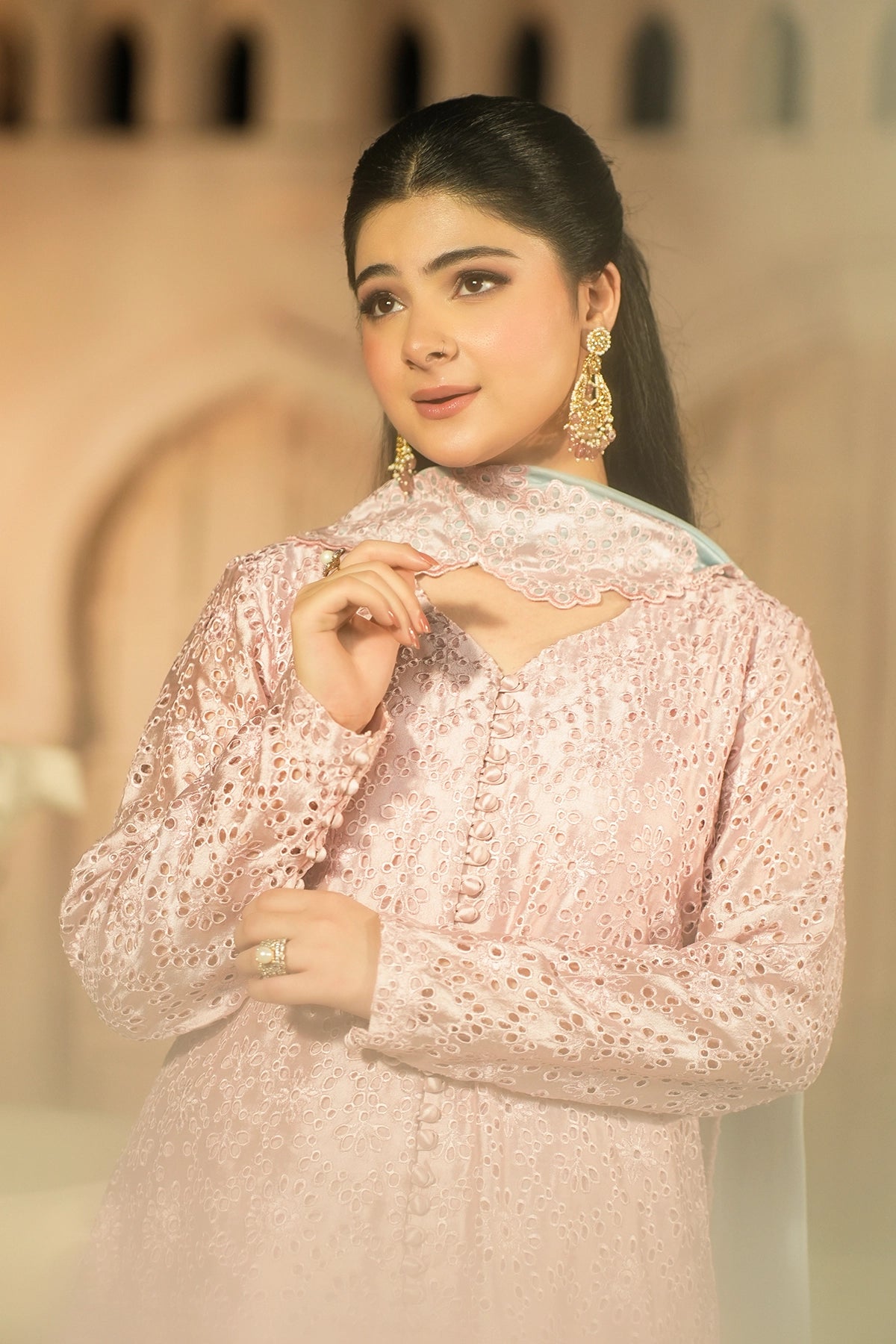 Rosalie Blush Pink Embroidered Sheesha Silk Formal 3PC Set with Overlap Front Shirt, Balloon Pants and Medium Silk Choker Dupatta by MariamRaj