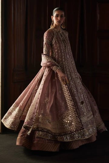 Rosalie rosewood Kaalidar sharara formal suit by Saad Bin Shahzad with organza, zari silk and embroidered dupatta