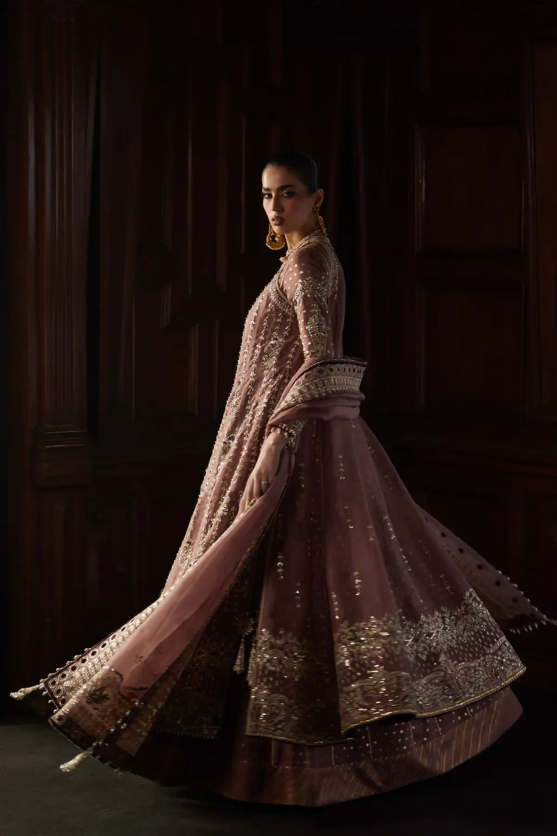 Rosalie rosewood Kaalidar sharara formal suit by Saad Bin Shahzad with organza, zari silk and embroidered dupatta