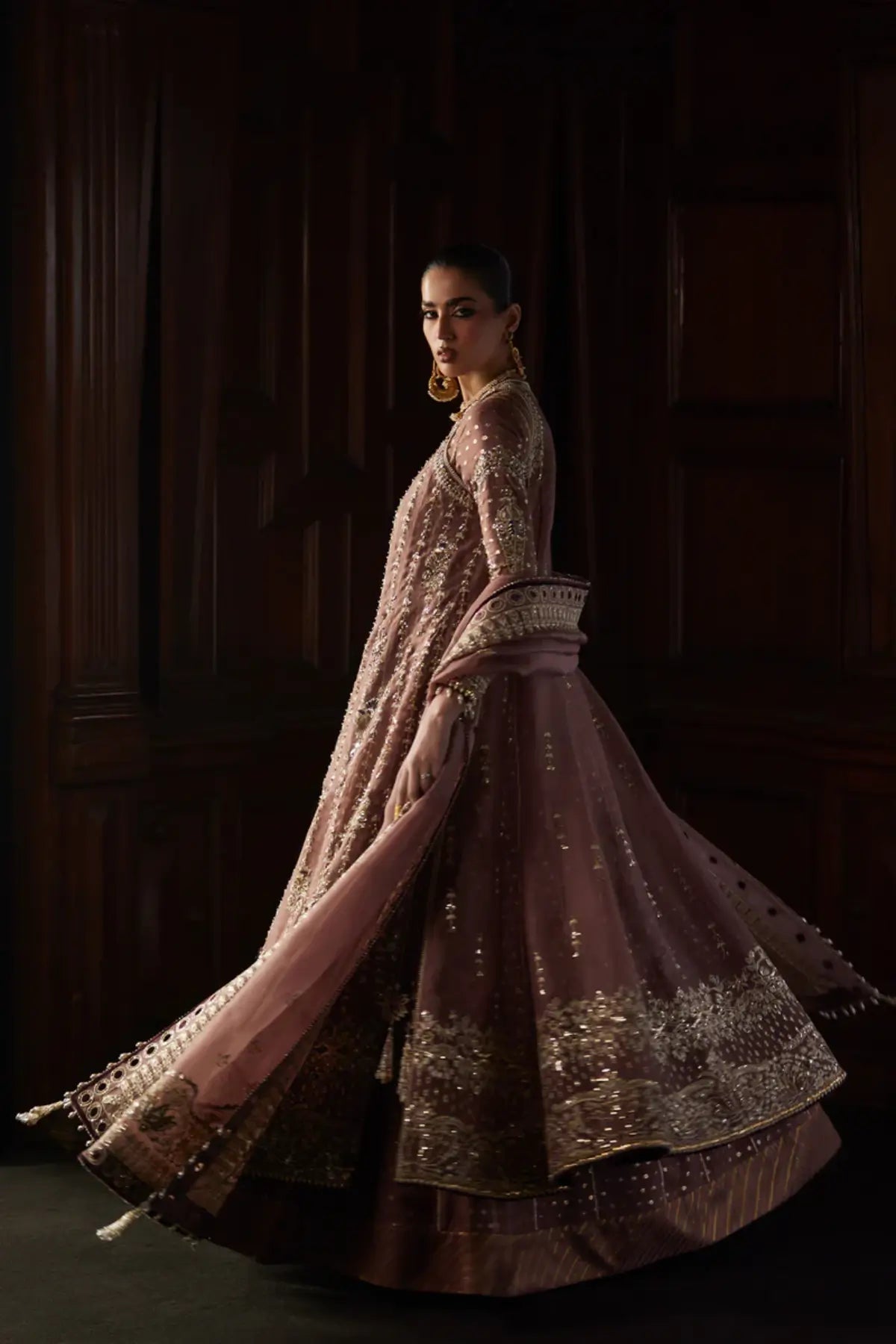Rosalie rosewood Kaalidar sharara formal suit by Saad Bin Shahzad with organza, zari silk and embroidered dupatta