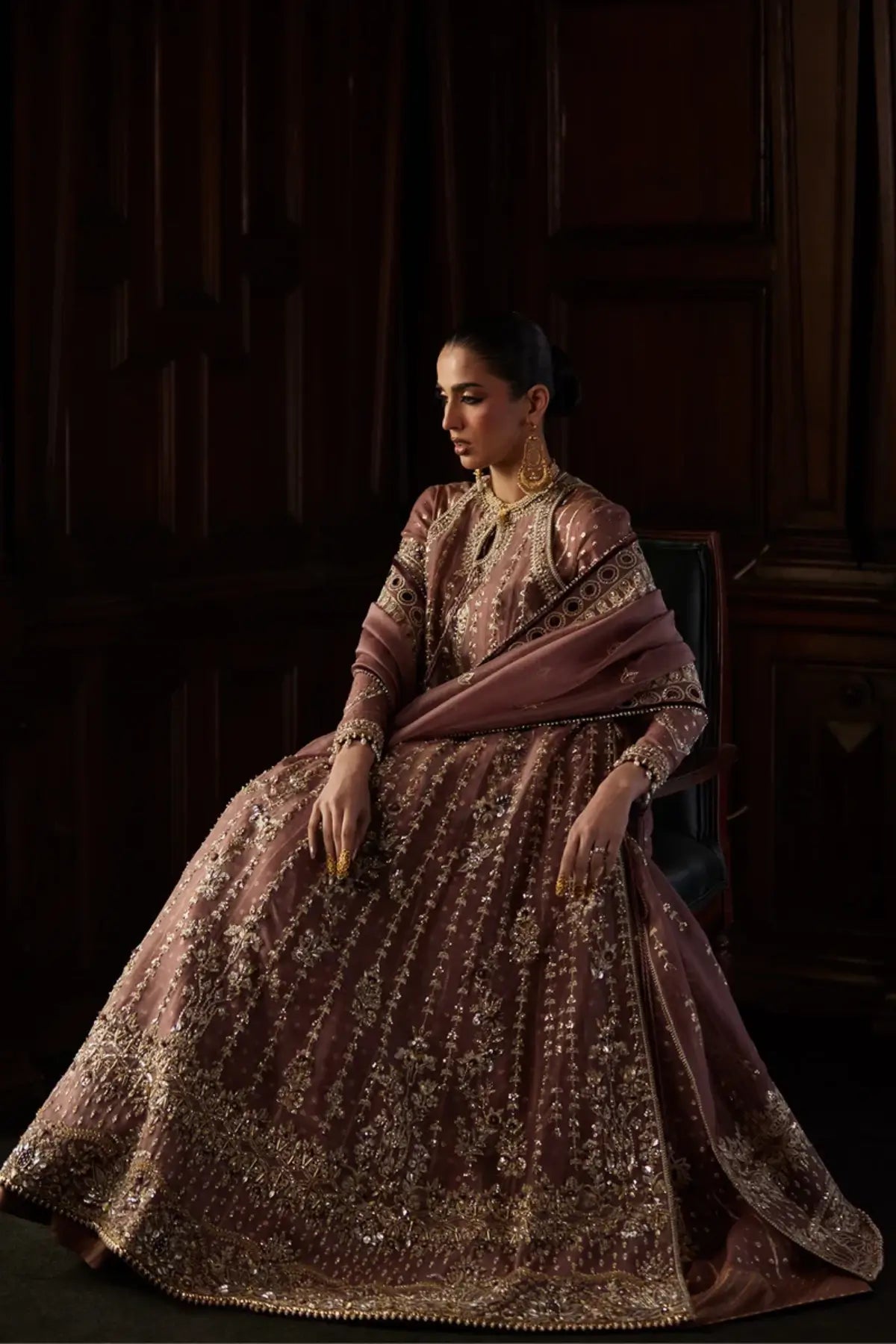 Rosalie rosewood Kaalidar sharara formal suit by Saad Bin Shahzad with organza, zari silk and embroidered dupatta