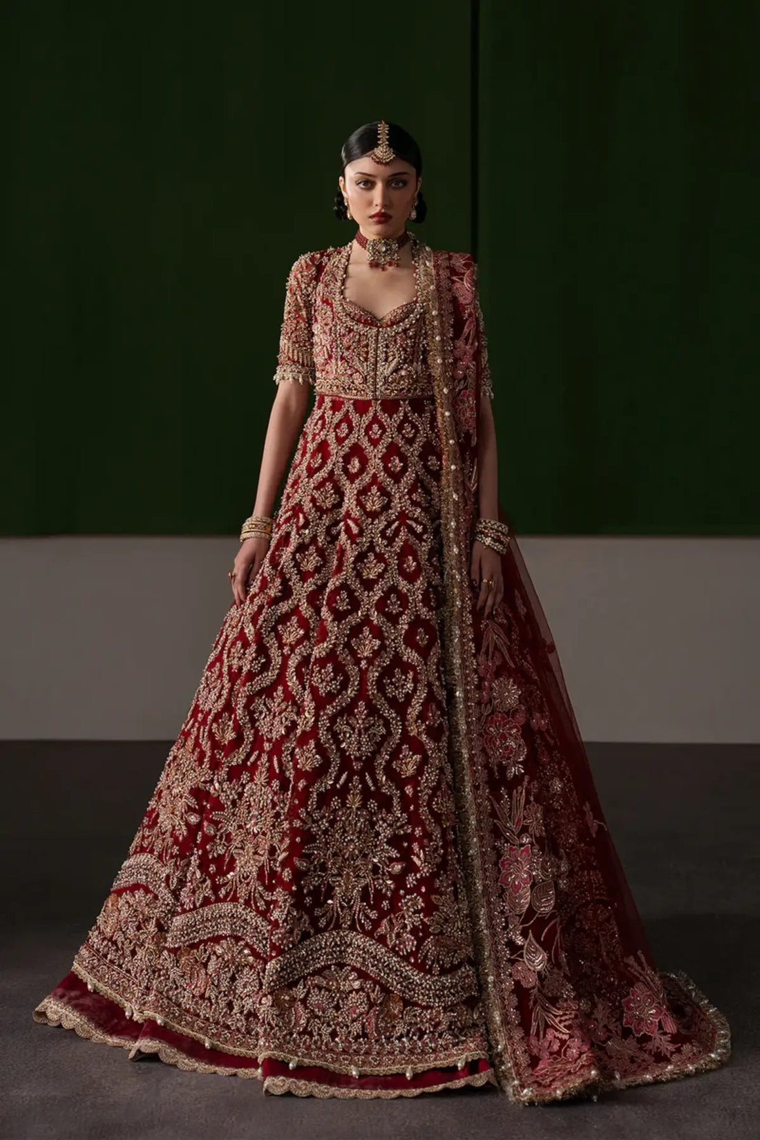 Rosaline by Afrozeh red stitched net bridal wedding lehenga with heavy gold embroidery luxury Pakistani bridal wear