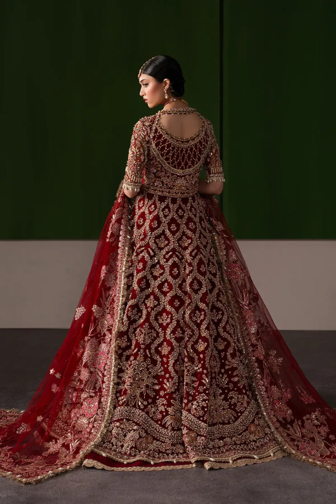 Rosaline by Afrozeh red stitched net bridal wedding lehenga with heavy gold embroidery luxury Pakistani bridal wear