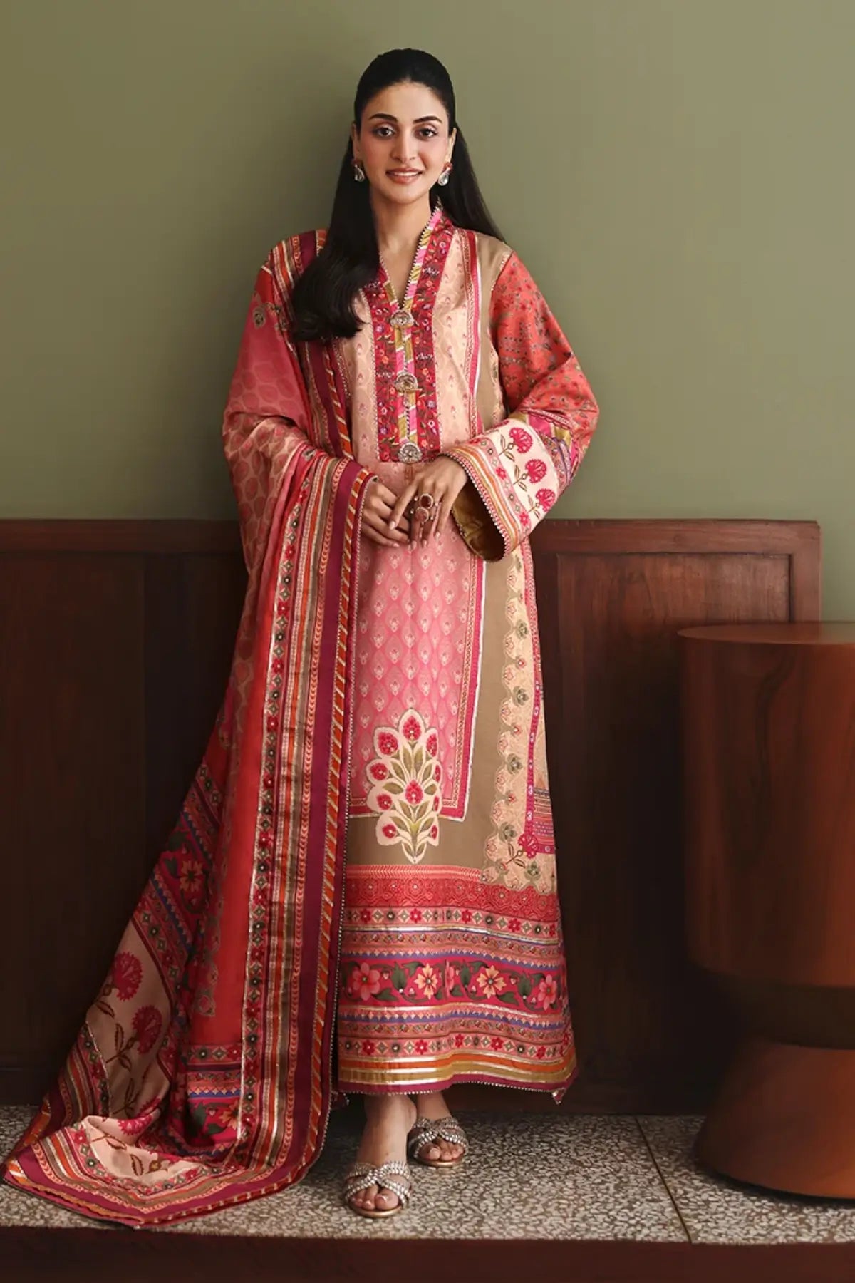 Rose Mood Nirvana Anmol Edit peach printed embellished raw silk formal stitched 3PC Pakistani suit with printed silk dupatta