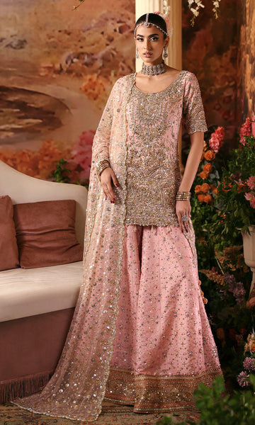 Pastel pink Pakistani formal outfit with cotton net shirt, raw silk dhaka, and scalloped sequined dupatta – Rose Water by Pakistanimoda