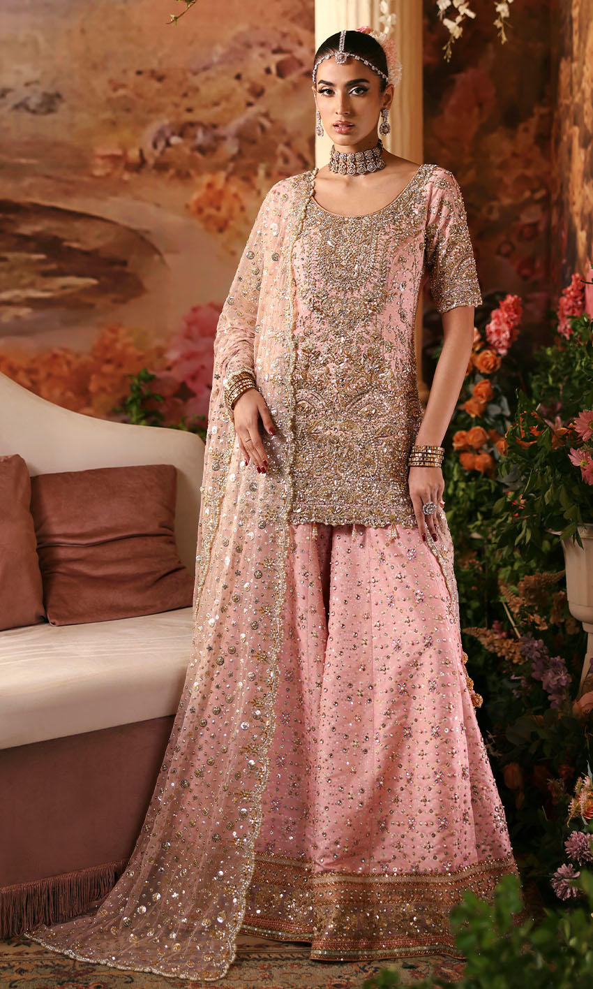 Pastel pink Pakistani formal outfit with cotton net shirt, raw silk dhaka, and scalloped sequined dupatta – Rose Water by Pakistanimoda