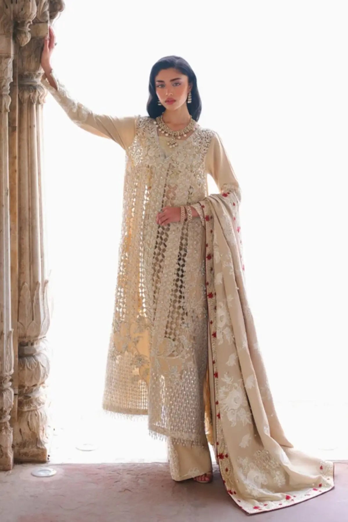 Saira Shakira Wedding Rose beige embroidered Korean raw silk wedding formal suit with straight trousers and matching silk dupatta