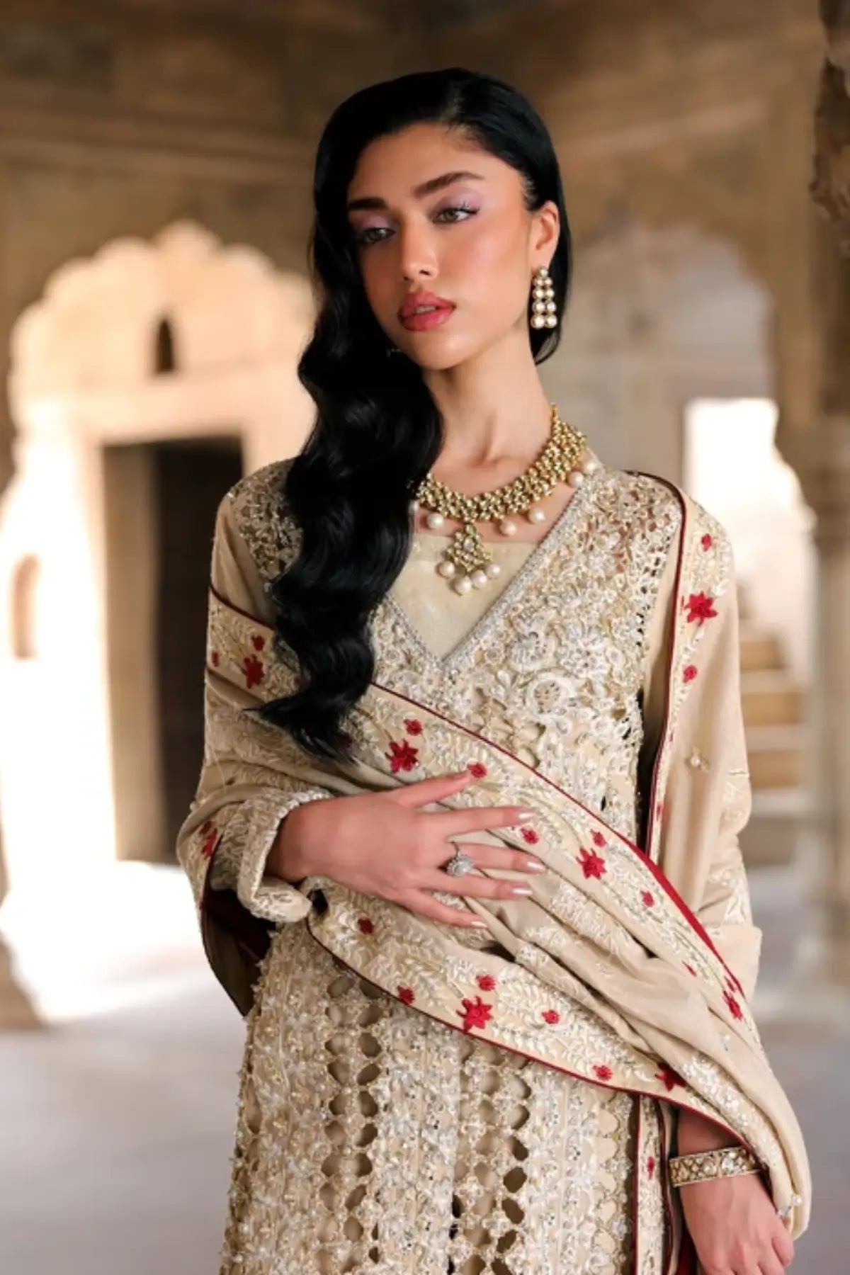 Saira Shakira Wedding Rose beige embroidered Korean raw silk wedding formal suit with straight trousers and matching silk dupatta