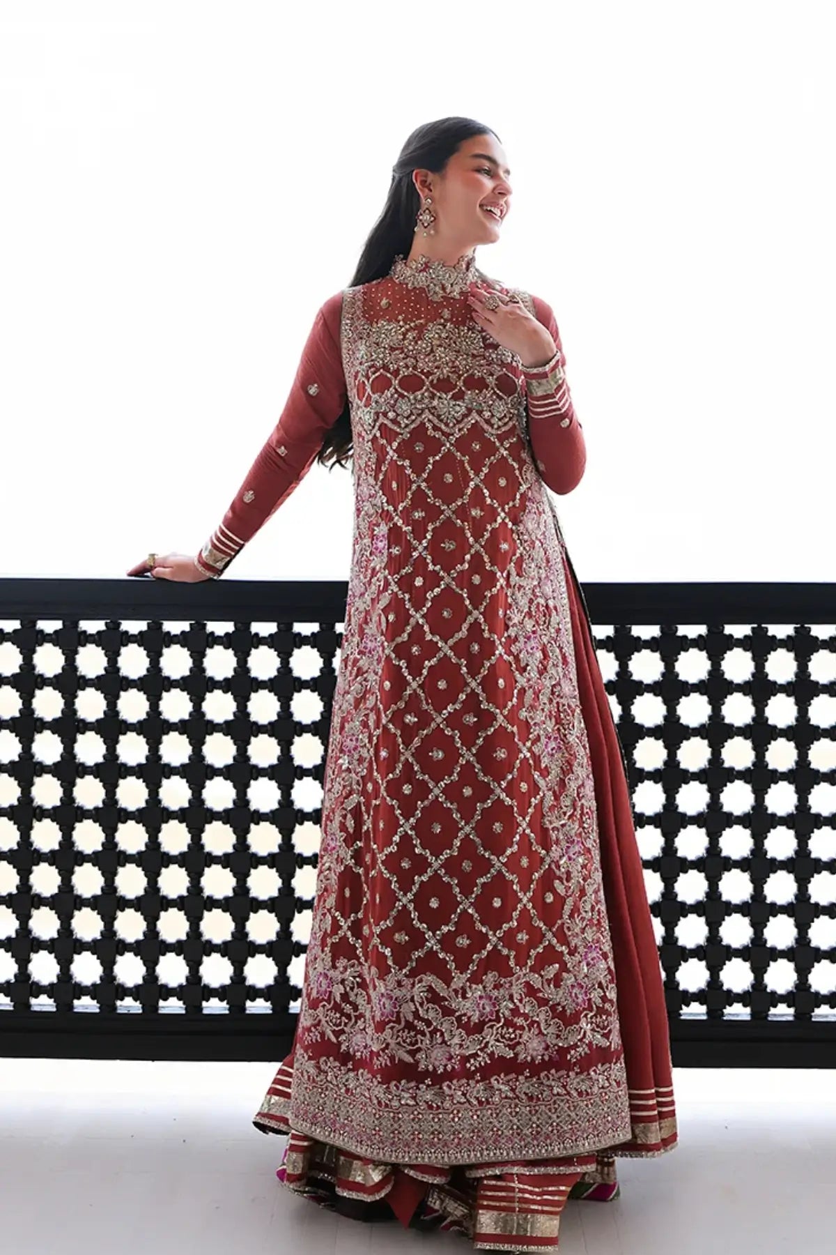 Rose Romance rust orange hand embellished chiffon festive stitched suit with embroidered raw silk sleeves, raw silk trouser and sequinned net dupatta