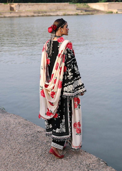 Rose Black Karandi Suit with Ivory Rose Embroidered Shawl by Hussain Rehar | pakistanimoda.com