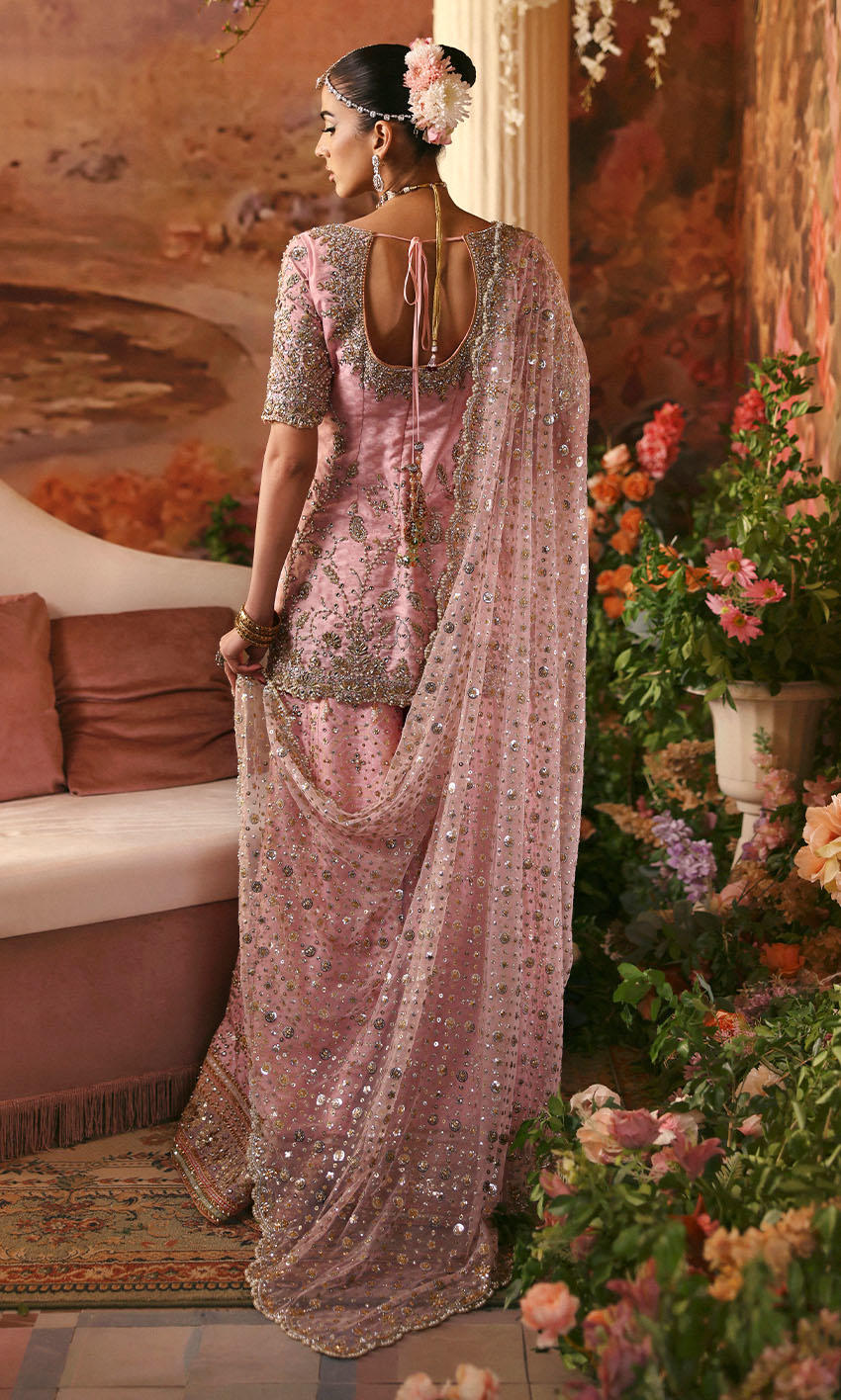 Pastel pink Pakistani formal outfit with cotton net shirt, raw silk dhaka, and scalloped sequined dupatta – Rose Water by Pakistanimoda