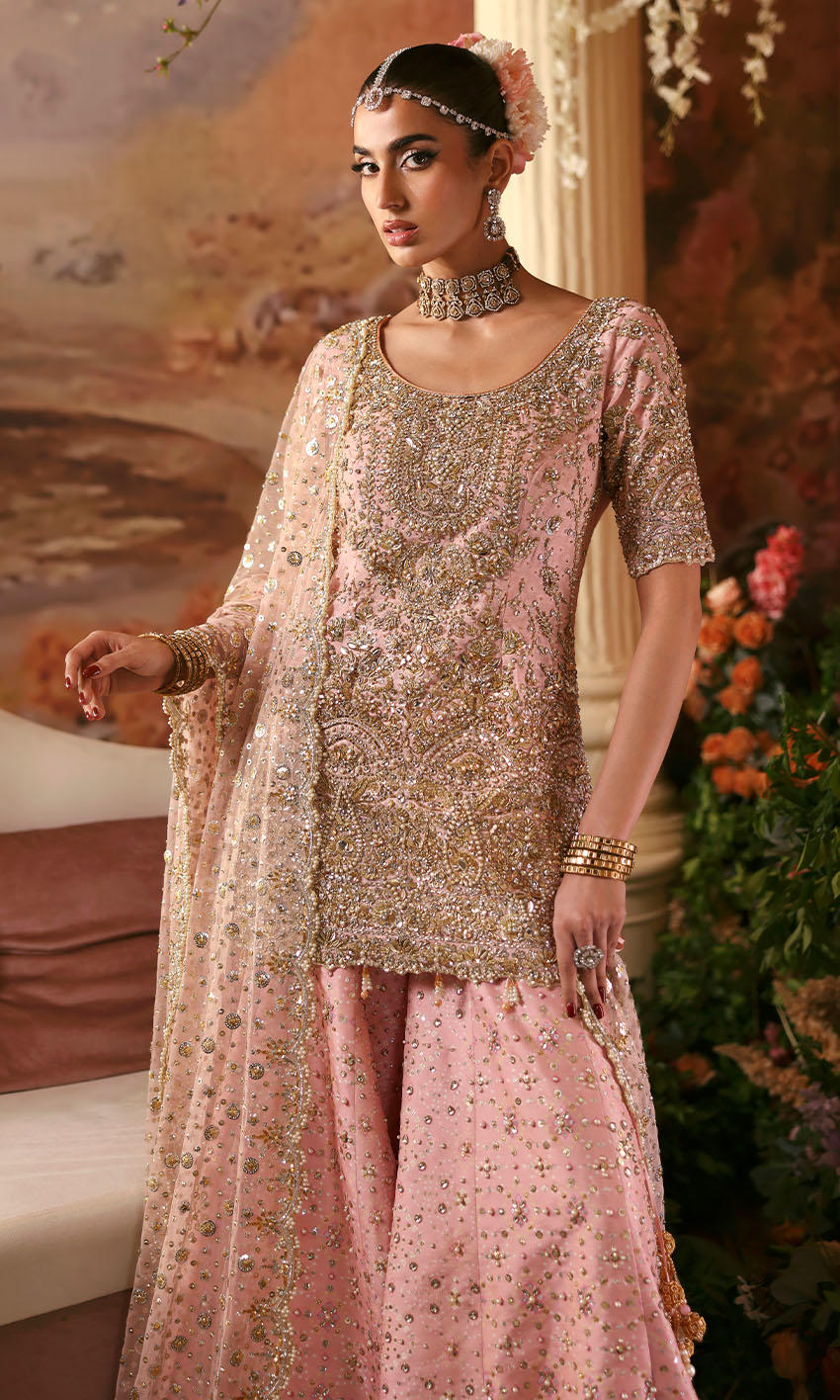 Pastel pink Pakistani formal outfit with cotton net shirt, raw silk dhaka, and scalloped sequined dupatta – Rose Water by Pakistanimoda