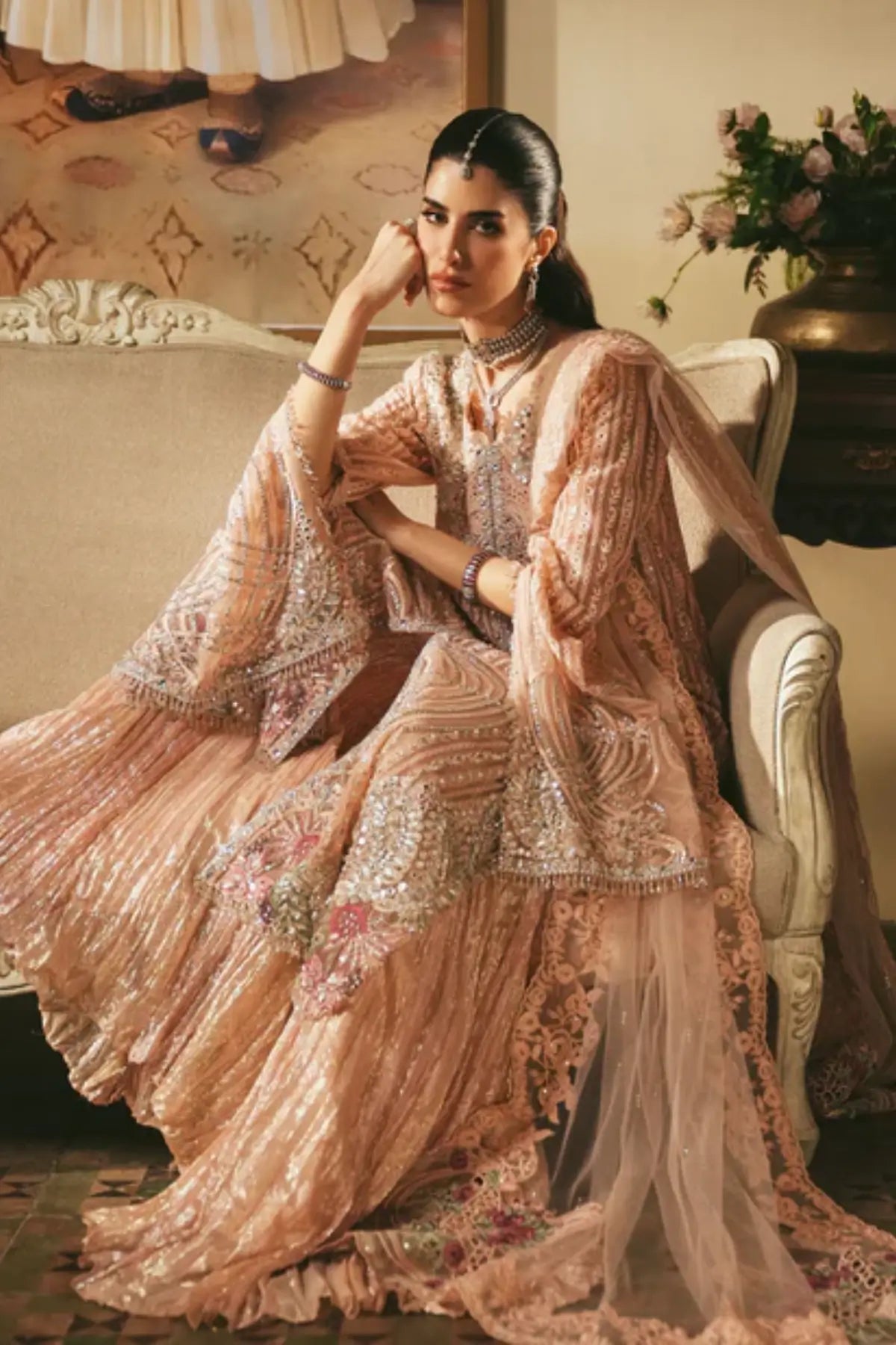 Roseate by Saira Shakira pink sharara formal outfit with net shirt and dupatta for Eid and wedding wear