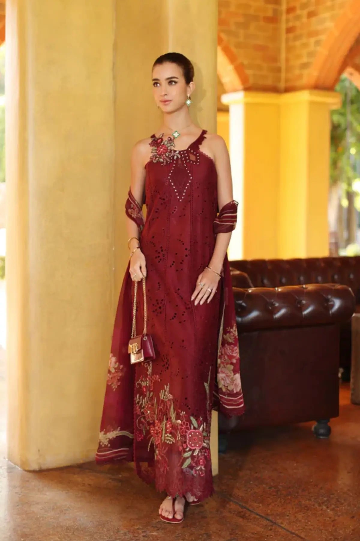 Roselle D10-A maroon embroidered lawn stitched 3PC suit by Saadia Asad with chiffon dupatta and cambric trouser